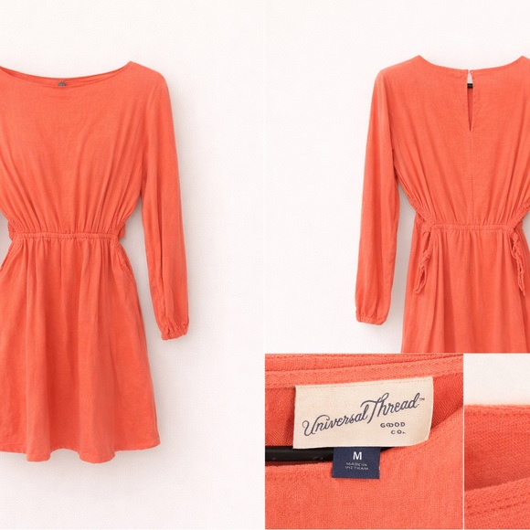 Universal Thread Dresses & Skirts - Universal Thread Coral-Orange Long Sleeve Drawstring Waist Mini Dress